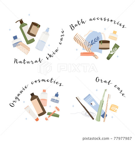 Bathroom accessories, bath items. Dental cleaning tools, natural skin care, organic cosmetics. Zero waste bathroom, reusable products. Eco friendly lifestyle. Vector flat cartoon illustration Bathroom accessories, bath items. Dental cleaning tools, natural skin care, organic cosmetics. Zero waste bathroom, reusable products. Eco friendly lifestyle. Vector flat cartoon illustration 77977987
