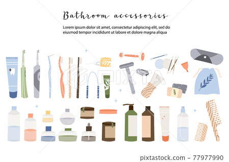 Bathroom accessories, bath items. Dental cleaning tools, natural skin care, organic cosmetics. Zero waste bathroom, reusable products. Eco friendly lifestyle. Vector flat cartoon illustration Bathroom accessories, bath items. Dental cleaning tools, natural skin care, organic cosmetics. Zero waste bathroom, reusable products. Eco friendly lifestyle. Vector flat cartoon illustration 77977990