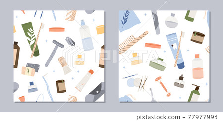 Bathroom accessories, bath items. Dental cleaning tools, natural skin care, organic cosmetics. Zero waste bathroom, reusable products. Eco friendly lifestyle. Vector flat cartoon illustration 77977993