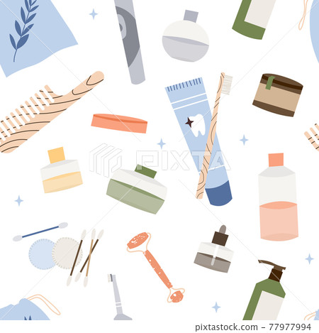 Bathroom accessories, bath items. Dental cleaning tools, natural skin care, organic cosmetics. Zero waste bathroom, reusable products. Eco friendly lifestyle. Vector flat cartoon illustration 77977994