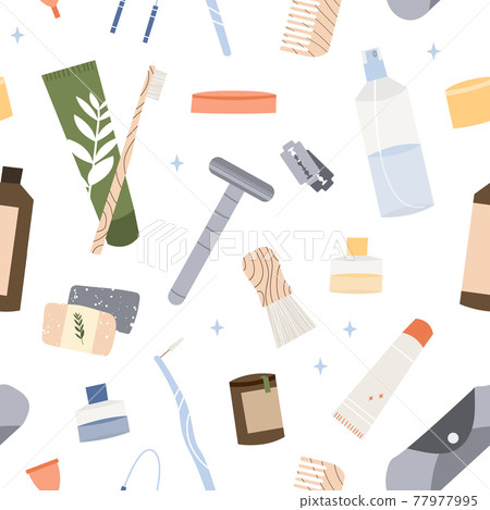 Bathroom accessories, bath items. Dental cleaning tools, natural skin care, organic cosmetics. Zero waste bathroom, reusable products. Eco friendly lifestyle. Vector flat cartoon illustration 77977995