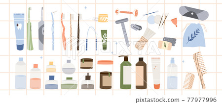 Bathroom accessories, bath items. Dental cleaning tools, natural skin care, organic cosmetics. Zero waste bathroom, reusable products. Eco friendly lifestyle. Vector flat cartoon illustration Bathroom accessories, bath items. Dental cleaning tools, natural skin care, organic cosmetics. Zero waste bathroom, reusable products. Eco friendly lifestyle. Vector flat cartoon illustration 77977996