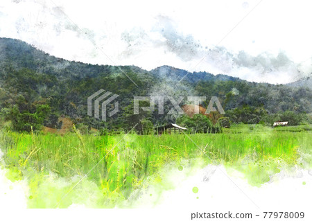 Abstract colorful shape on mountain peak and tree landscape on watercolor illustration painting background. 77978009