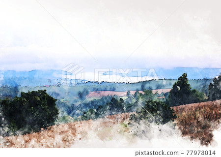 Abstract colorful shape on mountain peak and tree landscape on watercolor illustration painting background. Abstract colorful shape on mountain peak and tree landscape on watercolor illustration painting background. 77978014