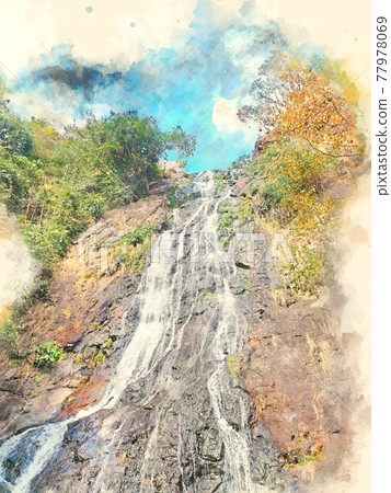 Abstract colorful mountain and field landscape on watercolor illustration painting background. Abstract colorful mountain and field landscape on watercolor illustration painting background. 77978069