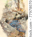 Abstract colorful mountain and field landscape on watercolor illustration painting background. 77978070