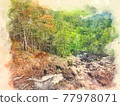 Abstract colorful mountain and field landscape on watercolor illustration painting background. 77978071