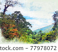 Abstract colorful mountain and field landscape on watercolor illustration painting background. 77978072