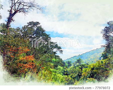 Abstract colorful mountain and field landscape on watercolor illustration painting background. 77978072