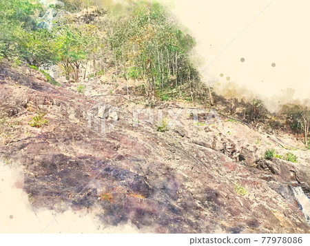 Abstract colorful mountain and field landscape on watercolor illustration painting background.	 77978086