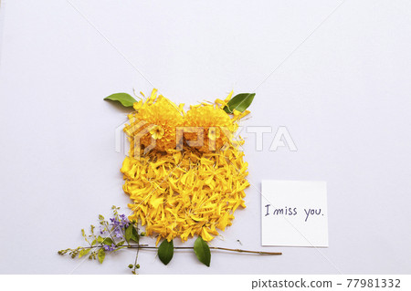 i miss you message card handwriting in with yellow flowers marigold arrangement flat lay owl bird  77981332