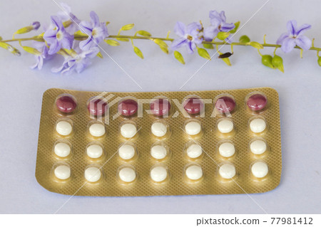 birth control pills of woman not want to have baby arrangement flat lay style 77981412