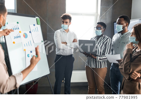 Employee in protective mask presenting business strategy on whiteboard Employee in protective mask presenting business strategy on whiteboard 77981995