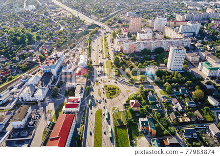 Aerial view of city residential district at sunset 77983874