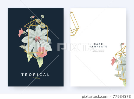 Minimalist invitation card template design, tropical plants and red Tropaeolum flowers 77984578