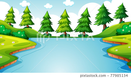 Nature forest landscape at daytime scene with long river flowing through the meadow 77985134