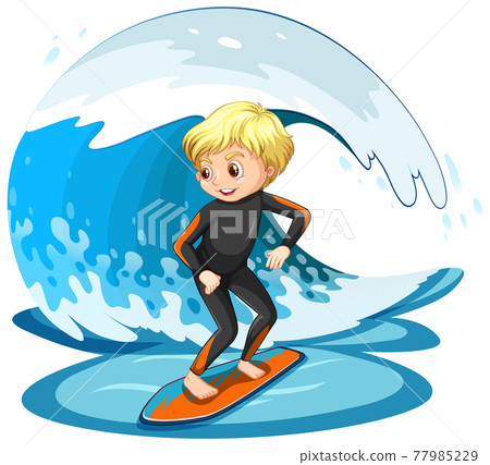 A boy surfing on a water wave isolated A boy surfing on a water wave isolated 77985229