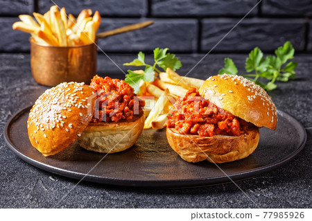 Sloppy Joe sandwiches with french Fries, top view Sloppy Joe sandwiches with french Fries, top view 77985926