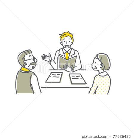 Senior couple receiving explanation from suit staff 77986423
