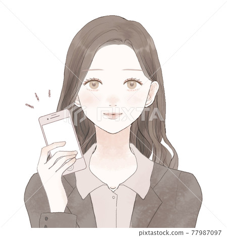 A woman in a suit holding a smartphone 77987097