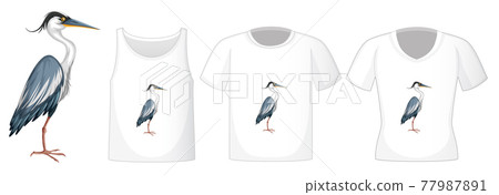 Stork bird in stand position cartoon character with many types of shirts on white background Stork bird in stand position cartoon character with many types of shirts on white background 77987891