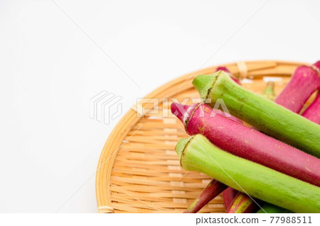 Red okra and green okra lined up in a colander Red okra and green okra lined up in a colander 77988511