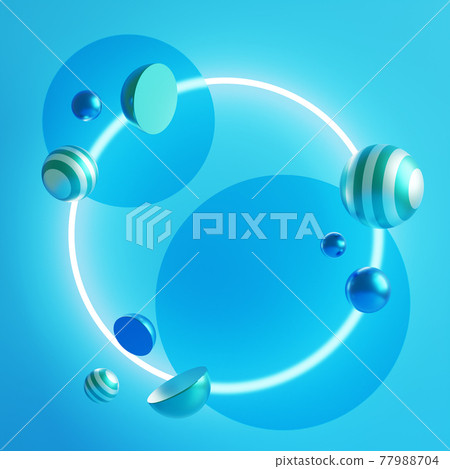 3D illustration with abstract geometric shapes surrounding a round frame 77988704
