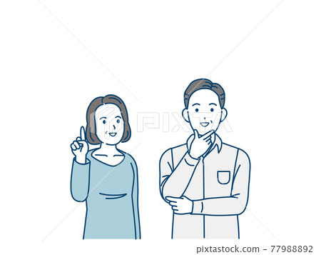Middle-aged and older couple looking up, I see, pointing up, men and women, middle-aged copy space, illustration material 77988892