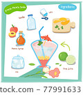 Fresh peach soda limeade ingredients cartoon, card template.  Cute food icons set for cookbook, restaurant, cafe, menu creator. Vector illustration. 77991633