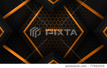 Futuristic black and orange abstract gaming banner with hexagon carbon fiber grid and black triangles. 77992050