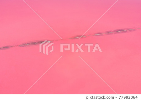 Aerial view of wooden structures for collecting salt on a pink lake, Genichesk Aerial view of wooden structures for collecting salt on a pink lake, Genichesk 77992064