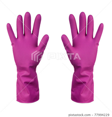 Pink latex gloves isolated on white 77994229