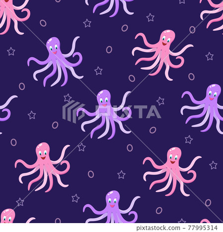 Seamless pattern Cartoon funny octopus with bubbles and stars, vector illustration of a sea animal in a children concept. 77995314