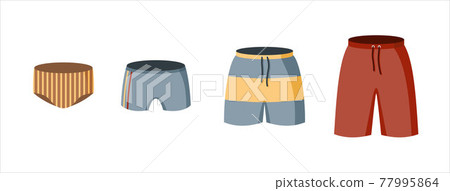 A set of mens underpants and swimming trunks. Striped shorts, boxers and shorts for swimming. Vector illustration in a flat style, isolated on a white background. 77995864