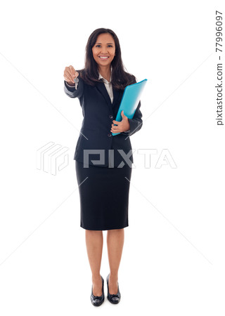 business, education, office, sale, real estate concept- smiling asian businesswoman in full length standing over white isolated background with blue folder and key in hands 77996097