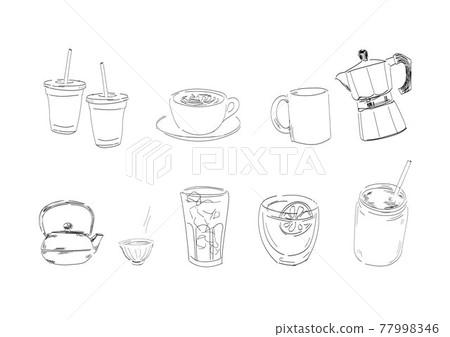 Handwritten style cafe drink black and white illustration set 77998346