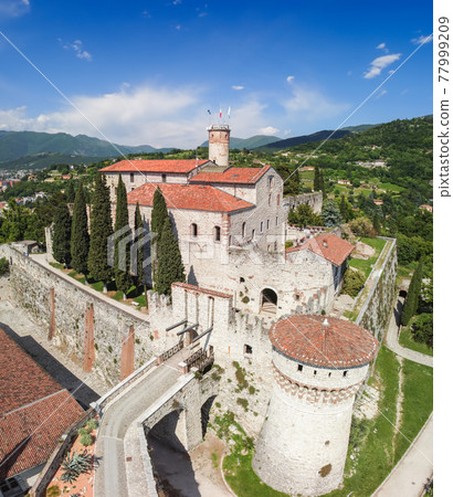 Beautiful view from a drone on the architectural complex of the castle in Brescia city 77999209