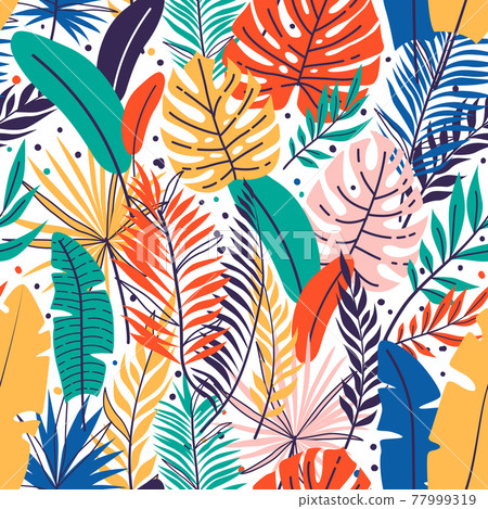Seamless hand drawn tropical leaves pattern. Floral foliage, palm tree branch. Jungle exotic leaves background Seamless hand drawn tropical leaves pattern. Floral foliage, palm tree branch. Jungle exotic leaves background 77999319