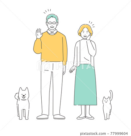 家庭：老夫婦笑著揮手，狗貓，全身 77999604