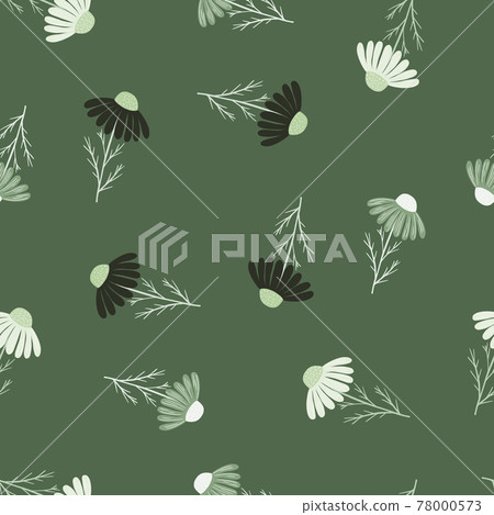 Vintage seamless pattern with random black and white camomile flowers print. Green background. Vintage seamless pattern with random black and white camomile flowers print. Green background. 78000573