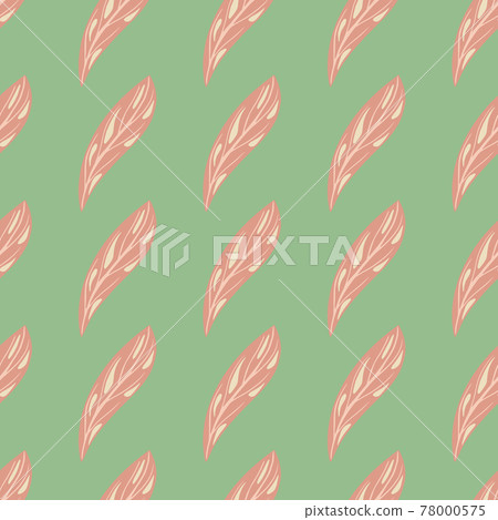 Spring seasonal seamless pattern with pink abstract leaves shapes. Green light background. Hand drawn artwork. 78000575
