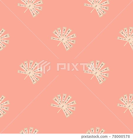 Seamless tropic pattern in minimalistic style with doodle white folk licuala palm shapes. Pink background. Seamless tropic pattern in minimalistic style with doodle white folk licuala palm shapes. Pink background. 78000578
