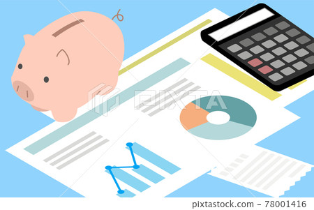 金錢、存錢罐和計算器的教育形象和家庭分析圖，等距 78001416