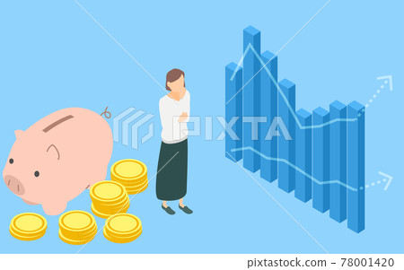 Image of savings and investment, piggy banks and coins of women and pigs worried in front of the graph, isometric Image of savings and investment, piggy banks and coins of women and pigs worried in front of the graph, isometric 78001420