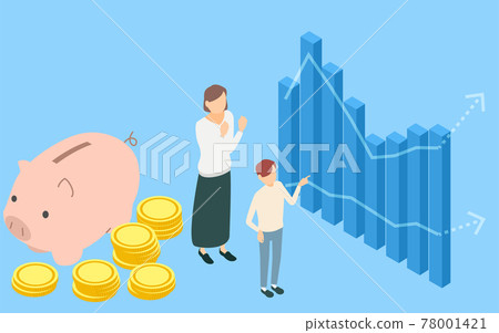 Educational image of money, piggy bank of mother, child and pig, coin and graph, isometric 78001421