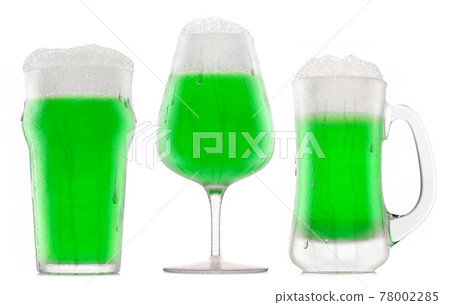 Set of fresh green beer in different mugs with bubble froth isolated on white. Set of fresh green beer in different mugs with bubble froth isolated on white. 78002285