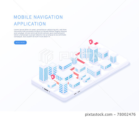 Mobile navigation application in isometric vector illustration. City isometric plan with buildings, road, gps tracking on smartphone. Map on mobile application. Vector illustration. Mobile navigation application in isometric vector illustration. City isometric plan with buildings, road, gps tracking on smartphone. Map on mobile application. Vector illustration. 78002476