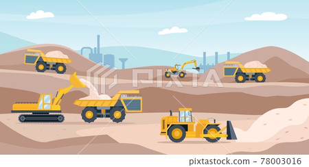 Quarry landscape. Sand pit with heavy mining equipment, bulldozer, digger, trucks, excavator and factory. Open mine industry vector concept 78003016