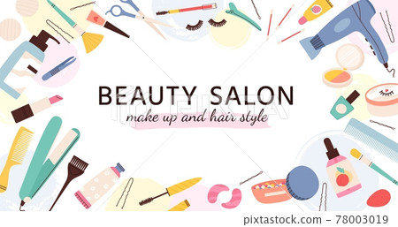 Beauty salon banner. Poster for hairdresser, makeup artist and nail salons with cosmetics and skin care products, fashion vector template 78003019