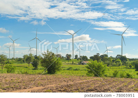 Wind turbines or windmills farm field in industry factory. Power, sustainable green clean energy, and environment concept. Nature innovation. Wind turbines or windmills farm field in industry factory. Power, sustainable green clean energy, and environment concept. Nature innovation. 78003951